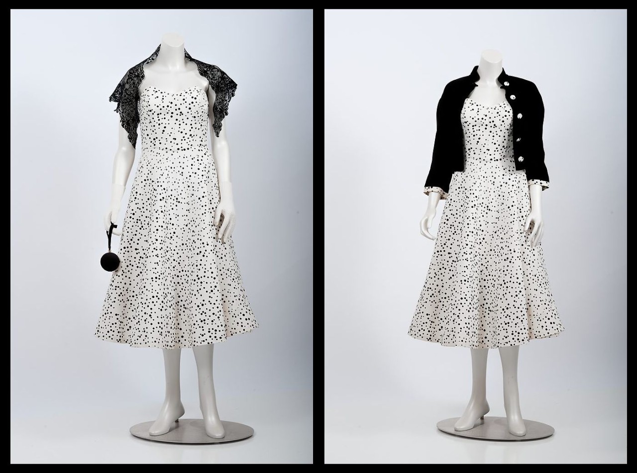 1940s white polka-dot strapless day dress with matching velvet jacket white polka-dot strapless day dress with matching velvet jacket