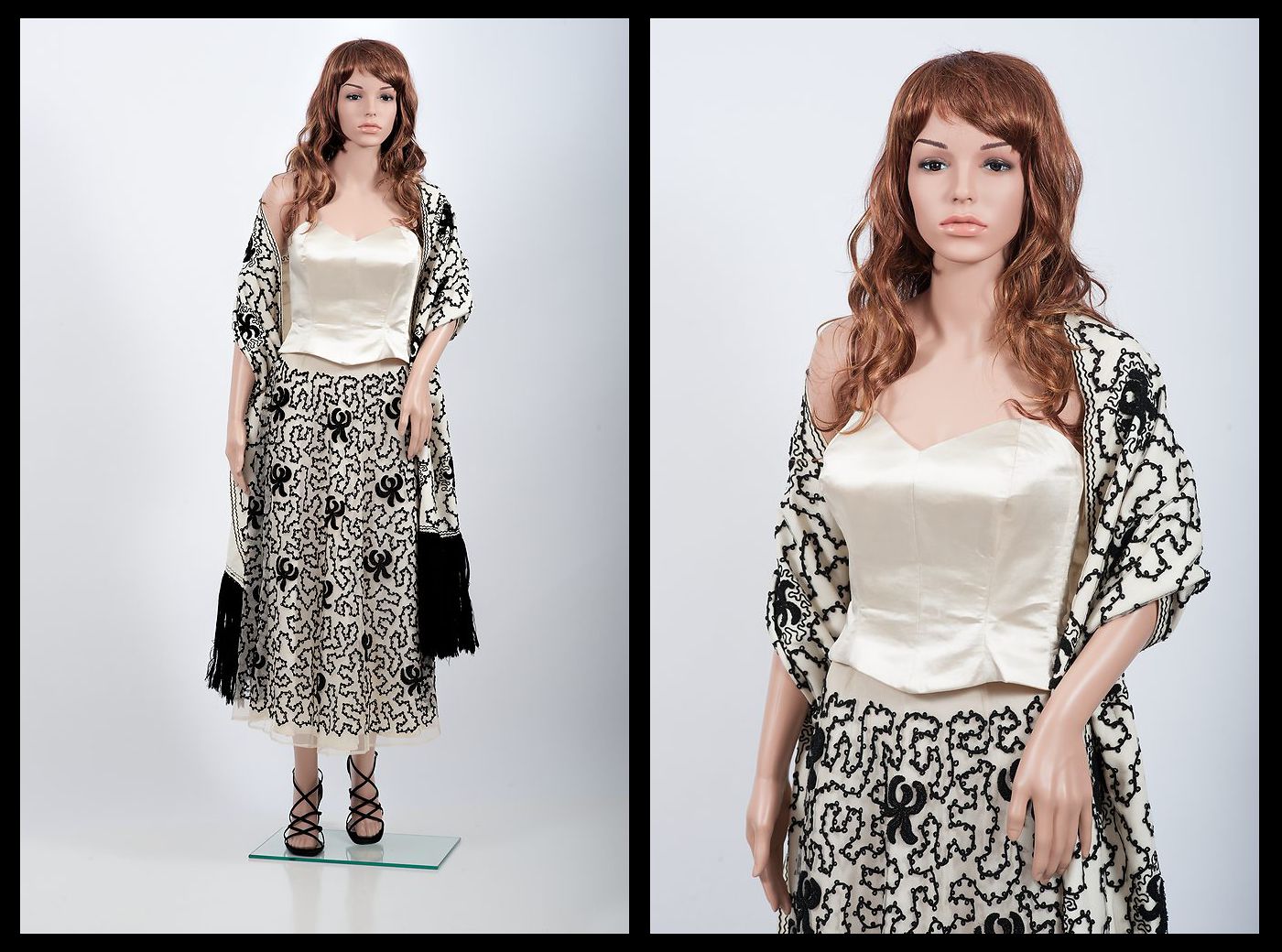 1940s white skirt, black passamenterie overlay on tulle, satin bustier, and matching shoulder coverup