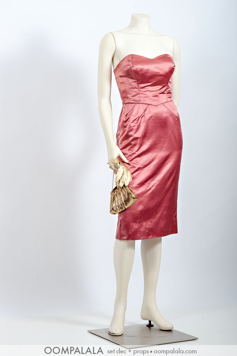 pink silk satin strapless cocktail "wiggle" dress with gold lamé gloves and gold mesh evening bag-7376 pink silk satin strapless cocktail "wiggle" dress with gold lamé gloves and gold mesh evening bag-7376