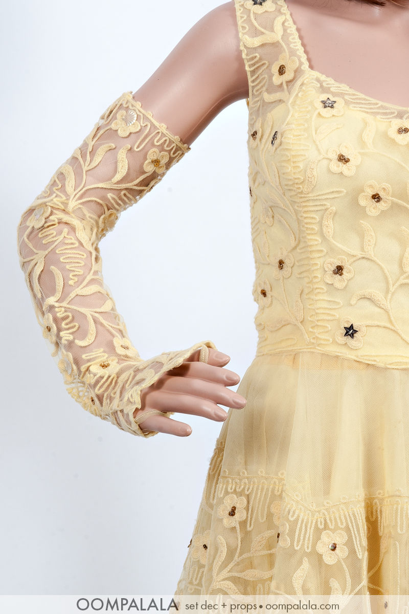 yellow tulle and passamenterie party / formal dress with matching fingerless gloves