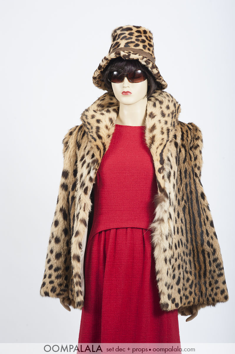 late 1960s red wool sleeveless with spotted cat fur coat and hat 7553 red wool sleeveless with spotted cat fur coat and hat