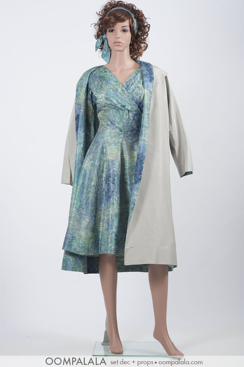 late 1950s blue watered silk dress with matching underlined coat and headband 7584 blue watered silk dress with matching underlined coat