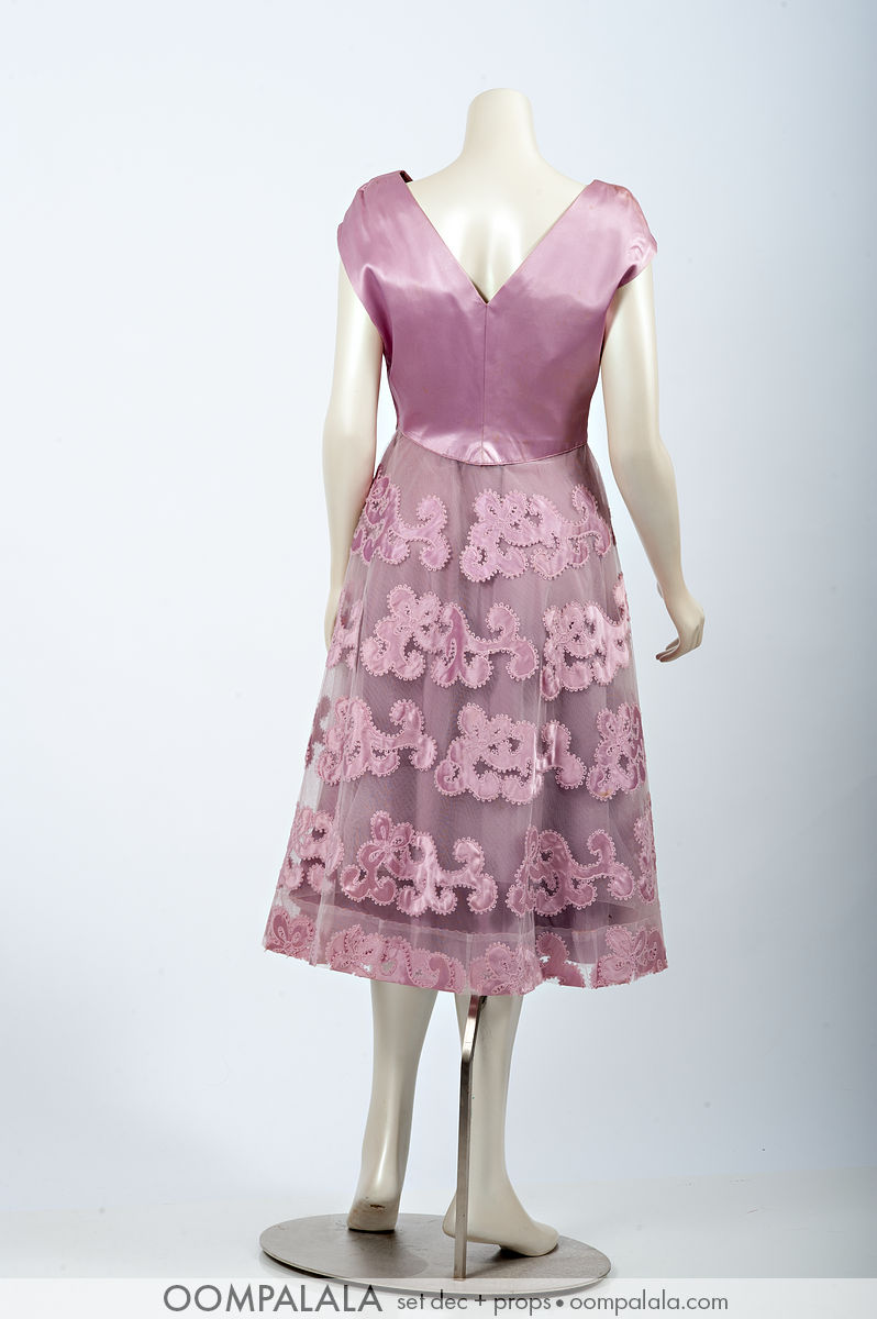 pink knee-length formal dress satin top with tulle embroidered overlay back view 7654 pink knee-length formal dress satin top tulle embroidered overlay back view