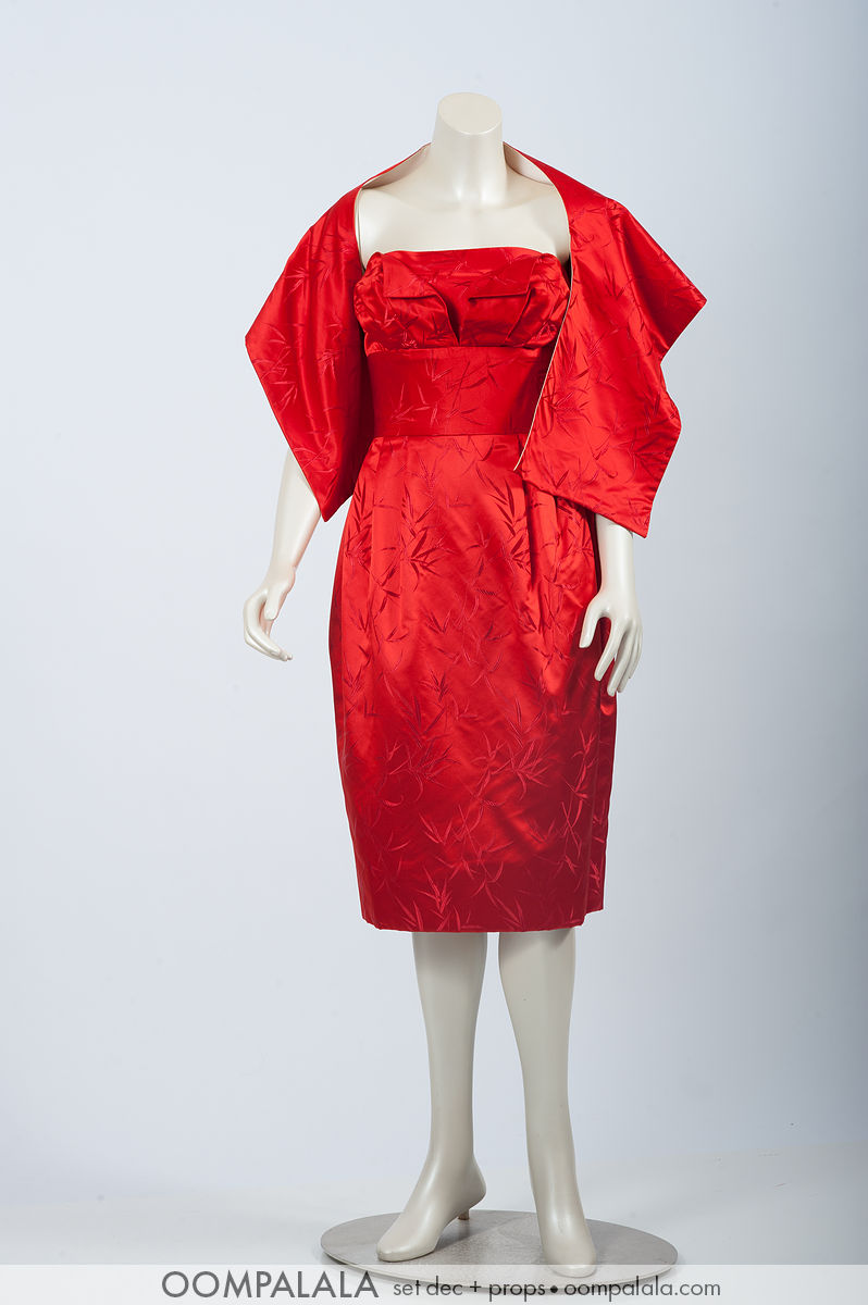 red silk cocktail dress with matching shoulder coverup