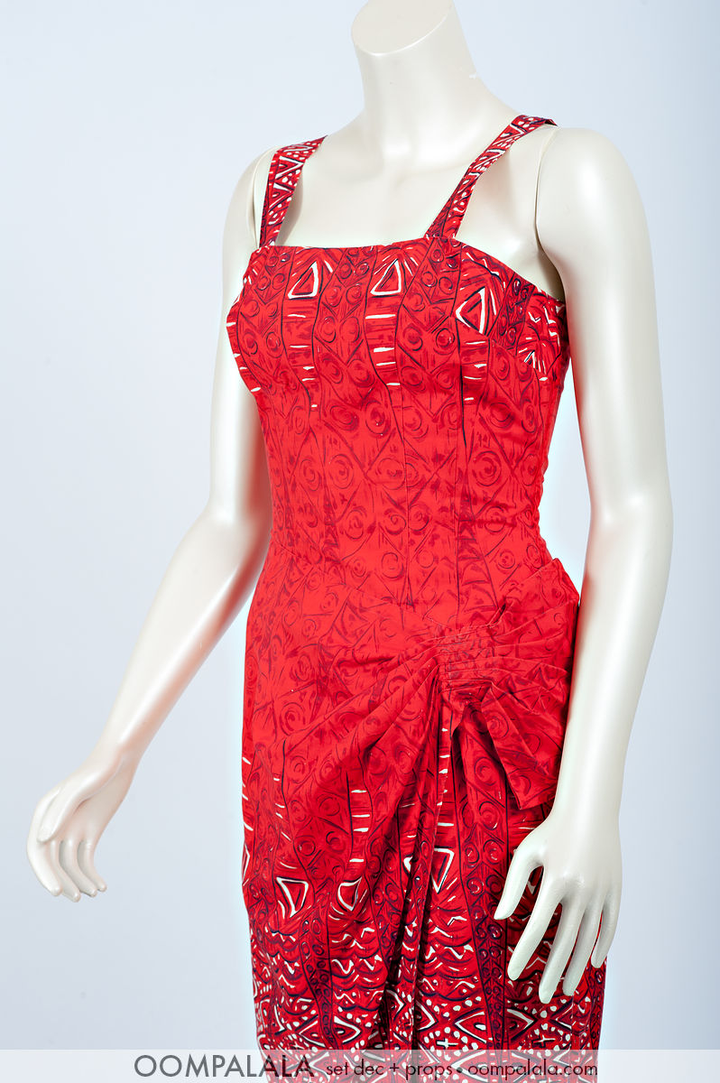 late 1950s / early 1960s red cotton Polynesian-Hawaiian strapless sarong sundress 7705 red Hawaiian strapless sarong sundress